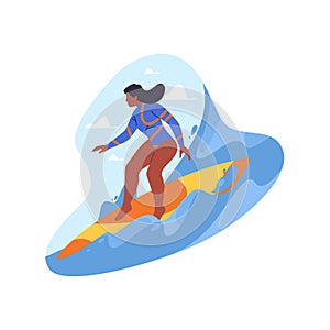 Surfer or woman surfing, vector icon or sticker