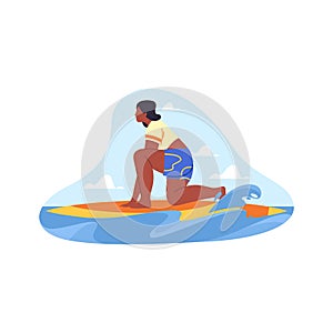 Surfer or woman swims on surfboard, vector icon