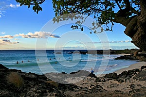 Surfers on a beach in Hawaii