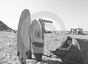 Surfers boards with tent on the beach - Surf boards in tropical hawaii destination - Summer, travel, extreme sport and adventure