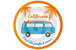 Surfers camper van with palm leaves and text isolated on white