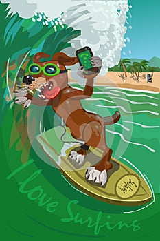 Dog surfer with a mobile phone on the ocean wave