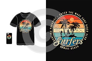 Surfers Hawaii beach t shirt design silhouette retro vintage style