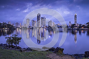 Surfers Paradise city skyline on dusk with perfect reflection on water Gold Coast, Queensland, Australia