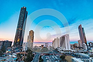 Surfers Paradise QLD Australia - 9 July 2023: Highrise buildings, apartment blocks and upmarket hotels that form the Gold Coast