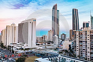 Surfers Paradise QLD Australia - 9 July 2023: Highrise buildings, apartment blocks and upmarket hotels that form the Gold Coast