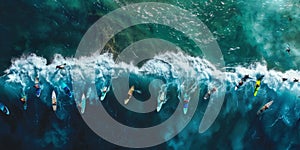 Surfers riding the crest of a wave in clear ocean waters. Exciting surfing action.