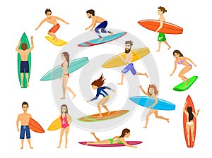 Surfers set. men and women surfing, riding waves, stand , walk, run, swim with surfboards,