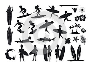 Surfers silhouettes set. men and women surfing, riding waves, stand, walk, run, swim with surfboards, symbols design decoration,