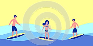 Surfers with surfboards. Surfing camp - active trip. Ocean, wave