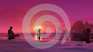 Surfers waiting in line up on the surfboards and watch the sunset loop