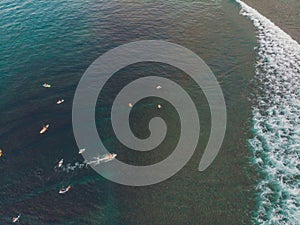 Surfers on the waves in the ocean, top view
