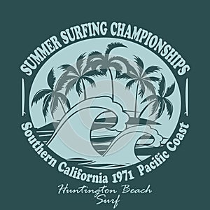 Surfers wear typography emblem Huntington Beach-