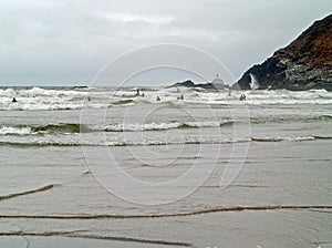 Surfers in Wetsuits Surfing