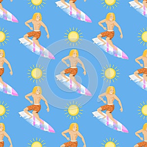 Surfing active water sport seamless pattern background surfer summer time beach activities man windsurfing jet water