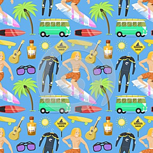 Surfing active water sport seamless pattern background surfer summer time beach activities man windsurfing jet water