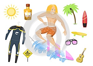 Surfing active water sport surfer summer time beach activities man windsurfing jet water wakeboarding kitesurfing vector