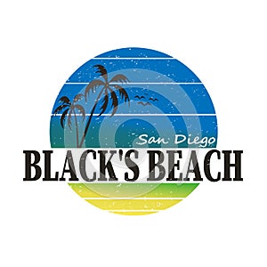 Surfing artwork. Black`s beach San Diego California. T-shirt apparel print graphics. Original graphic Tee