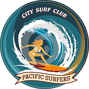 Surfing badge design with a girl surfing
