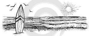 Surfing beach vector landscape, panorama view. Black and white illustration in vintage sketchy style.