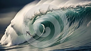 Surfing big ocean wave. Surfer on the ocean wave, Extreme surfers riding huge sea waves, no visible faces, AI Generated