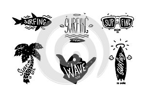 Surfing Black Logo Design with Shark, Palm Tree, Surfboard, Wave and Sunglasses Vector Set