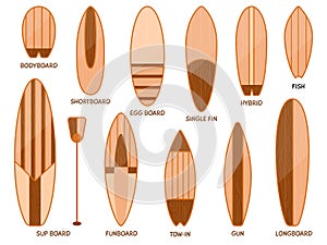 Surfing board sizes. Wood surfboard, differences size of swimming sport boards. Beach longboard various forms, summer