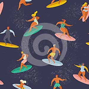 Surfing boys and girls on the surf boards catching waves in the sea. Summer beach. Vector seamless pattern.