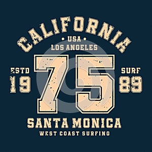Surfing, California t-shirt design, badge for athletic shirt print. Varsity style t-shirt graphics