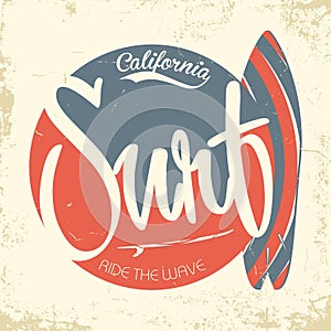 Surfing, California typography, vintage t-shirt graphics. Typography with lettering and surfboard