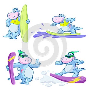 Surfing cartoon dinosaur