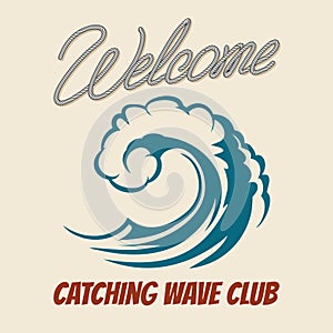 Surfing club emblem with killer wave. Vector vintage surf poster sea waves splash