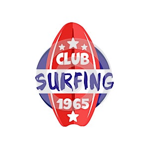 Surfing club logo estd 1965, retro badge for surf school, beach rest, summer water sports vector Illustration