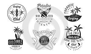 Surfing Club Retro Logo Templates Set, Paradise Beach Club Summer Adventures Monochrome Badges Vector Illustration