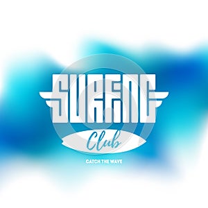 Surfing club - Vector label or t-shirt print in blue tones, badge or design element