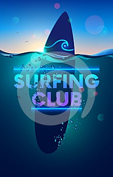 Surfing club vertical banner or background. surfboard underwater in sea on sunset. wave waterline and bubbles on surface of ocean