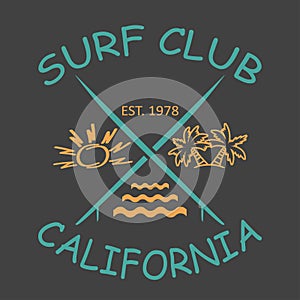 Surfing design California with the image of surfboards, sun, palm trees, waves.