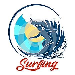 Surfing Emblem with Surfer Riding on The Wave