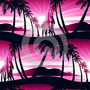 Surfing girl at sunrise seamless pattern