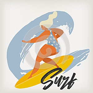 Surfing girl on the surf boards catching waves in the sea. Summer beach poster in vector.