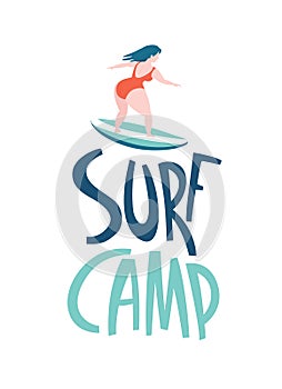 Surfing girls in the ocean. Surf camp lettering