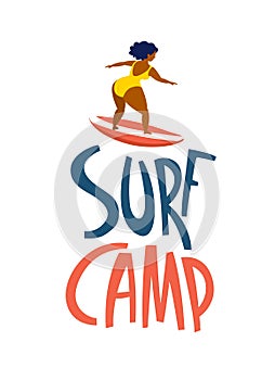 Surfing girls in the ocean. Surf camp lettering