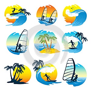 Surfing Icons Set  With People