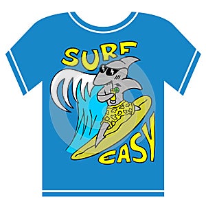 Surfing kids t-shirt illustration. Cool shark boy in glasses and beach shorts with cocktail.