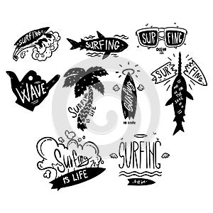 Surfing logo set, windsurfing motivational quotes, hand drawn design elementa can be used for surf club, shop, clothes