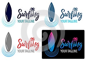 Surfing logo for Surf Club or shop. lettering emblem of Surf club with surfing board palm tree background