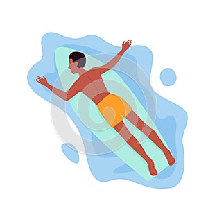 Surfing man floating on surfboard in ocean or sea water, swimming, lying on surf board