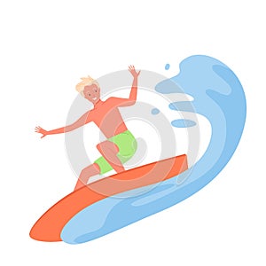 Surfing man, summer extreme sport activity, surfer riding on surfboard over tropical wave