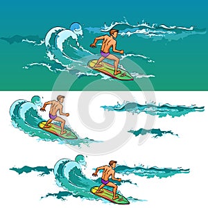 Surfing man on surfboard on sea waves