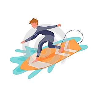 Surfing man in wetsuit on surf board, active happy young surfer guy catching ocean wave